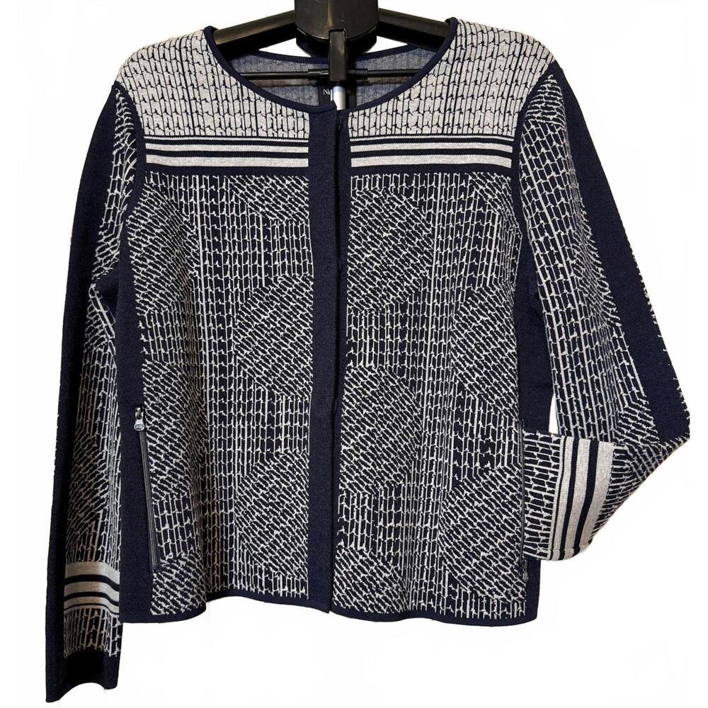 NIC AND ZOE KNIT JACKET L CARDIGAN SWEATER SNAP FRONT POCKETS FOREFRONT GEO NWOT